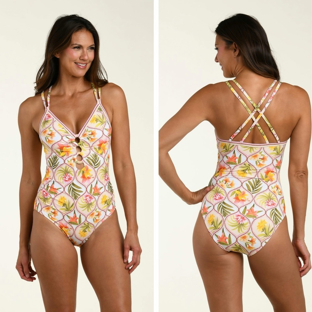 La Blanca Palm Nouveau Underwire Lace Up One Piece Swimwear Pink Size US 16